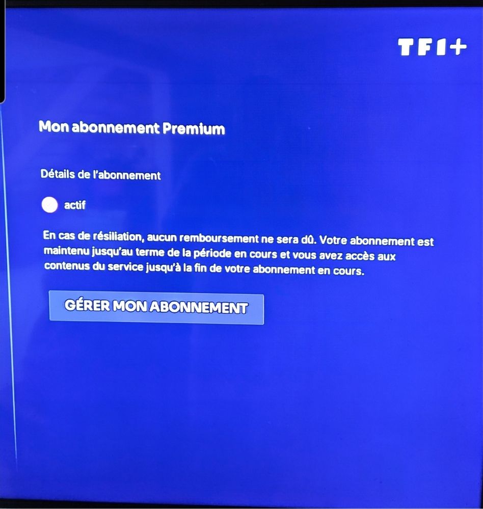 Copie écran confirmant l'abonnement TF1+ Premium