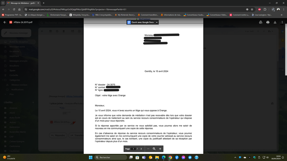 Réponse du médiateur de télécommunication