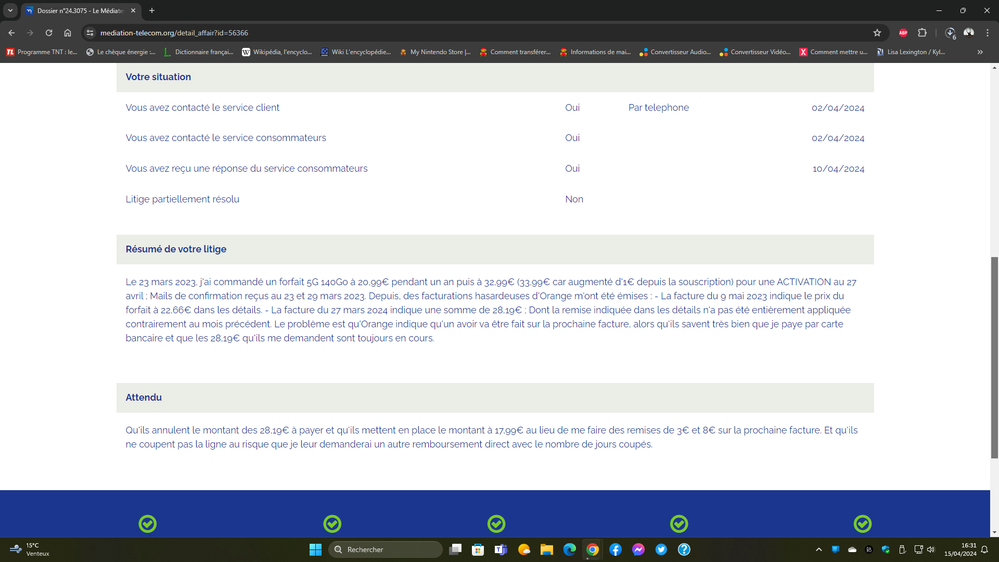 Message adressé au médiateur de télécommunication