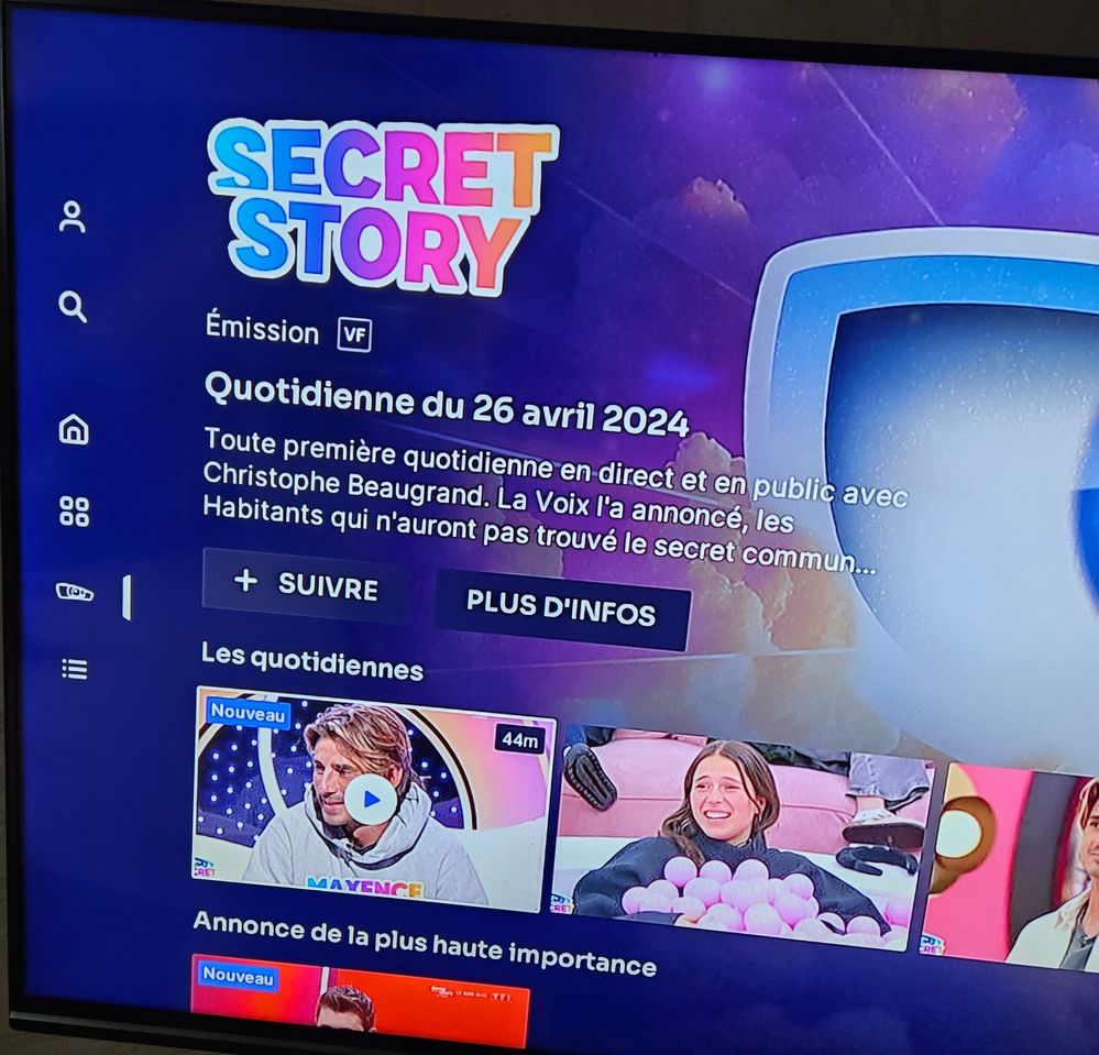 Copie ecran de la rubrique Secret Story depuis le décodeur d'Orange