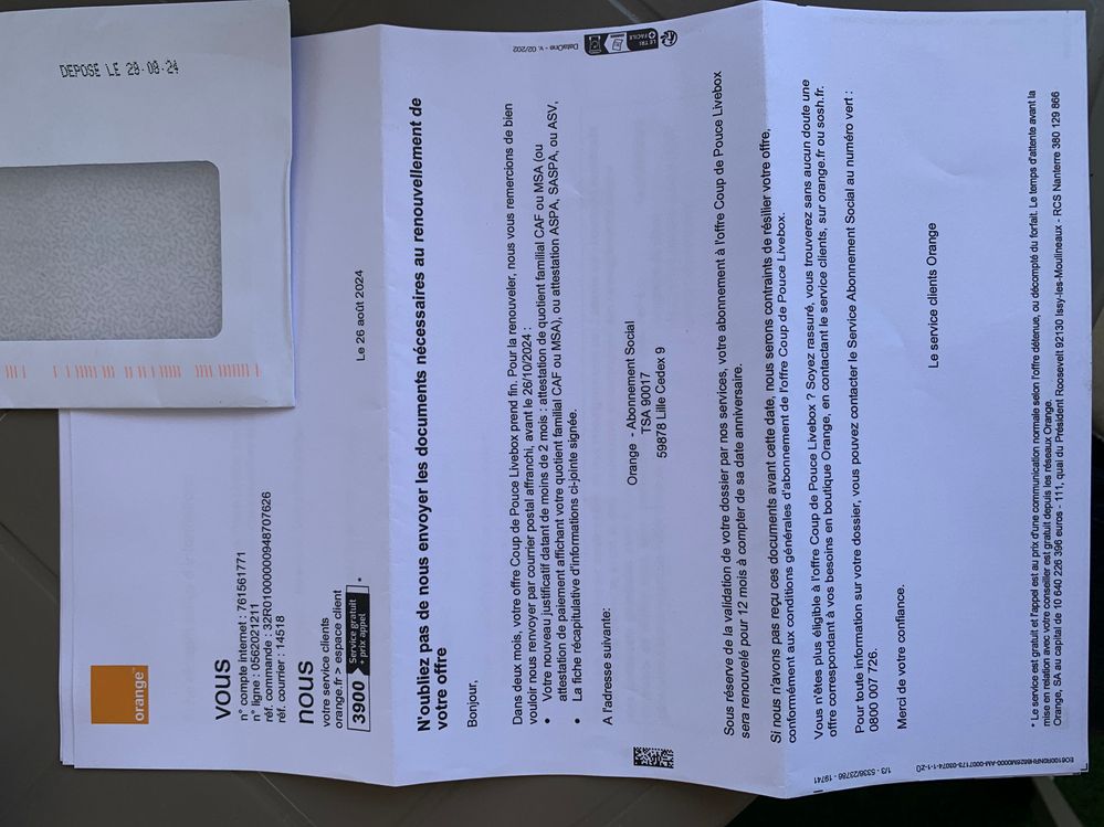 Aujourd'hui j'ai re&ccedil;u encore (4e fois) par pli poste la demande d'envoyer des justificatifs.  Du coup je ne comprends plus rien, je les envoy&eacute; d&eacute;j&agrave; 2 fois, je suis valid&eacute;, j'ai une rdv le 2 sept avec le technicien et j'ai d&eacute;j&agrave; le livebox pour le fibre. Mais vous continuez de me demander les justificatifs.