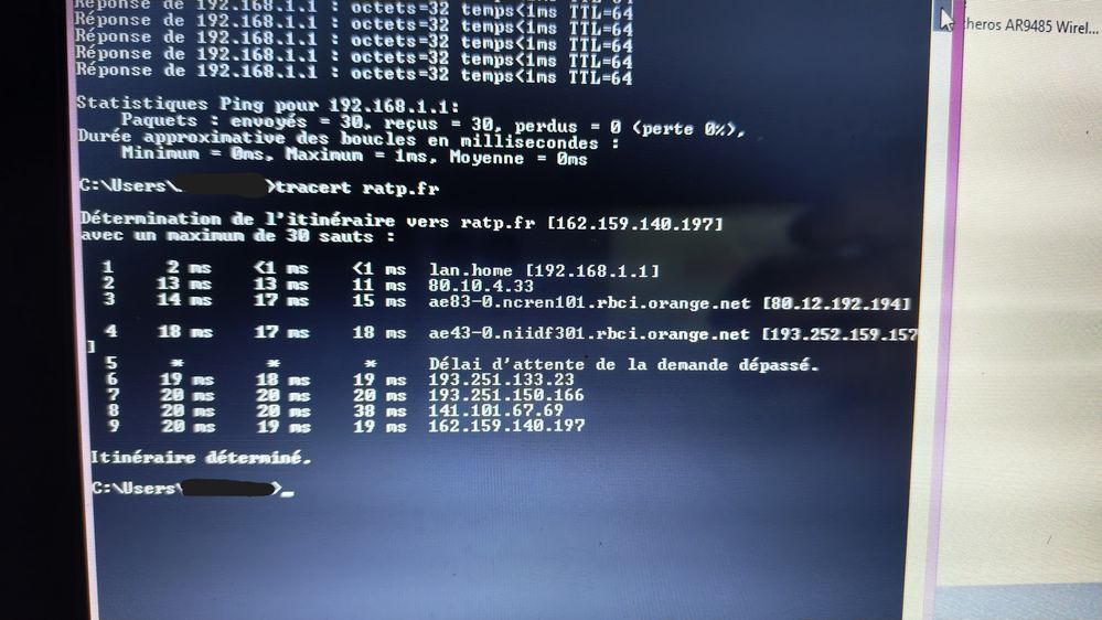 Ping livebox et le tracert sur RATP.fr