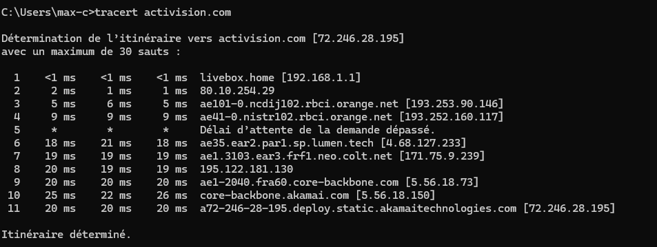 Tracert activsion.com à 20h12