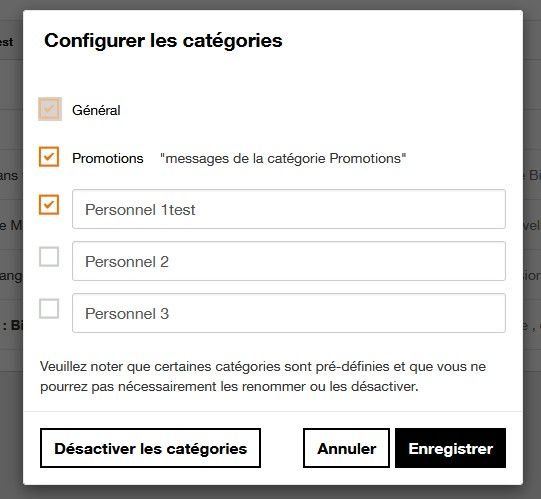 Configuration des catégories personnelles