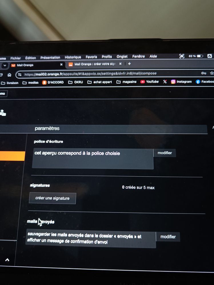 Loption signature par d&eacute;faut n'existe pas