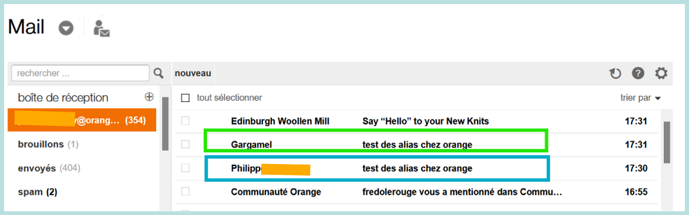 En vert message envoy&eacute; &agrave; l'alias depuis le webmail, en bleu depuis Thunderbird