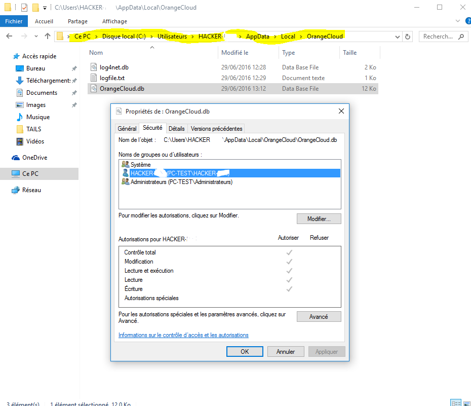 screenshot droits NTFS Dossier DataBase File Cloud Orange.PNG