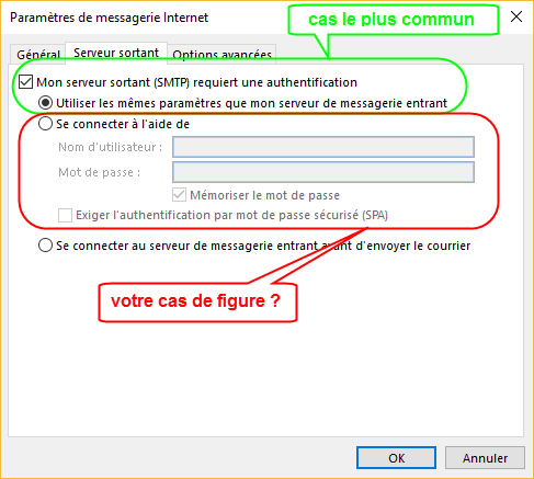 Configuration Outlook 2016 - Onglet "Serveur sortant"
