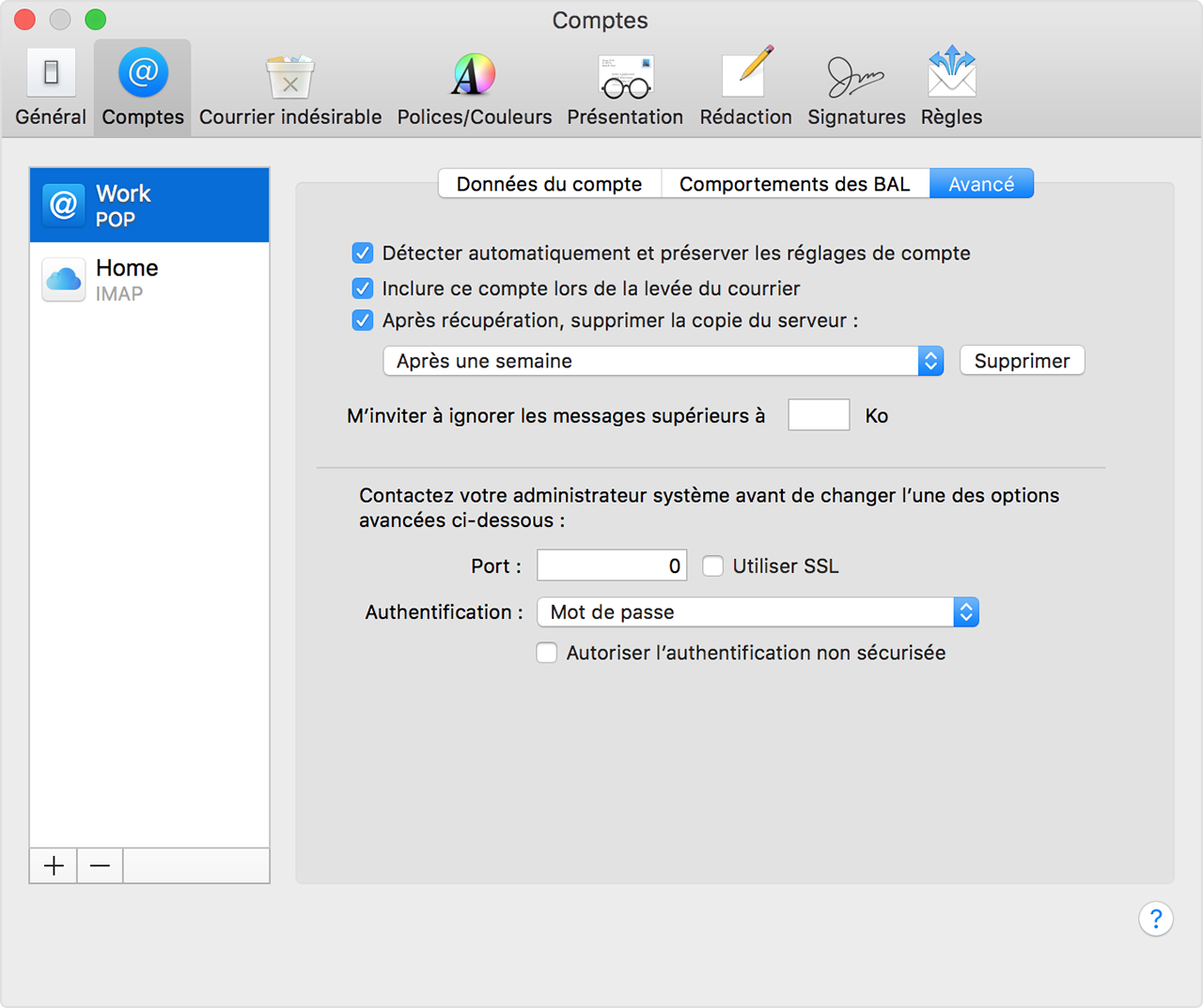 Paramétrage du compte Mail
