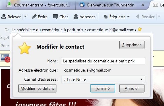 Affecter adresse à carnet des adresses à bannir
