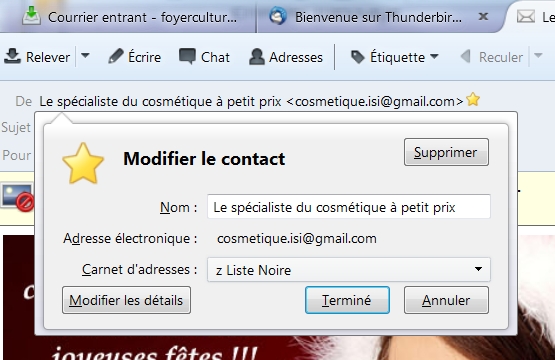 Affecter adresse à carnet des adresses à bannir