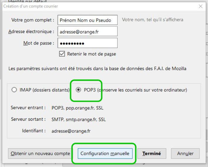 Choisir POP3 et passer en configuration manuelle