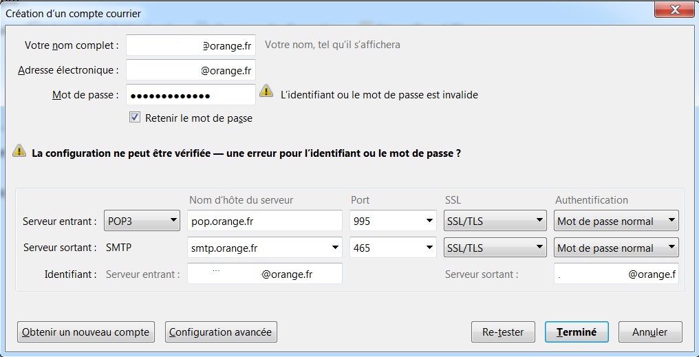 échec De La Connexion Depuis Le Serveur Imap.orange.fr