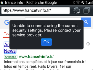 Message d'erreur obtenu en tentant la connexion au site indiqué.