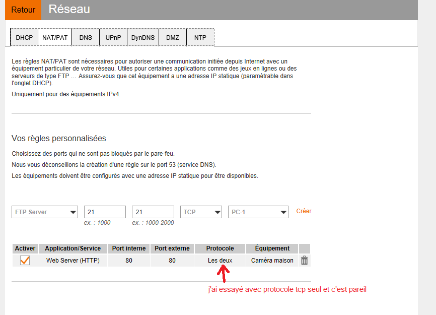 paramétrage box règle NAT/PAT