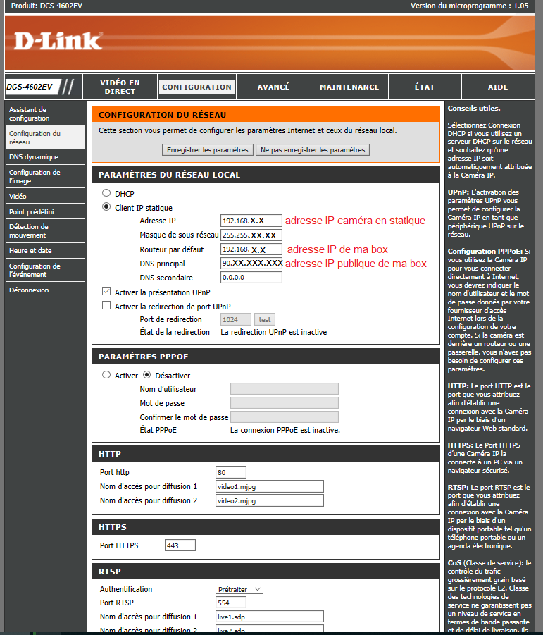 paramétrage caméra réseau