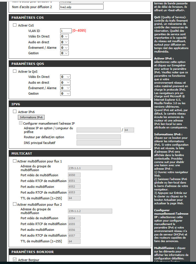paramétrage caméra réseau suite