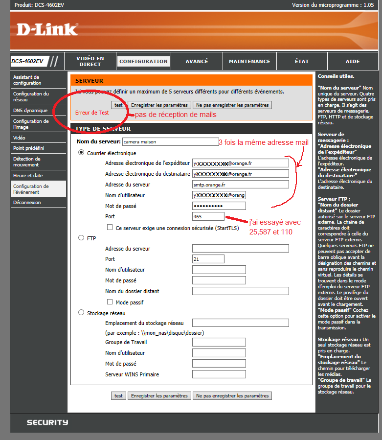 paramétrage caméra serveur