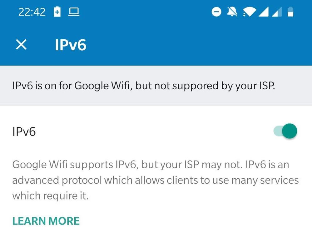 ipv6 activé sur le google wifi mais pas chez le FAI