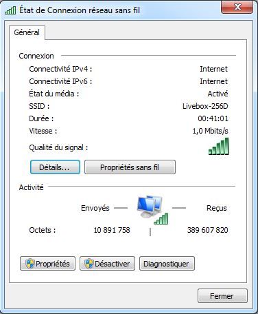 (Clic icone Wifi ->Clic Droit sur la connection -> Etat)