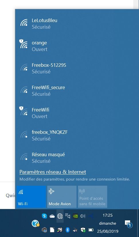 1 Le Clic sur l'icône affiche les réseaux disponibles