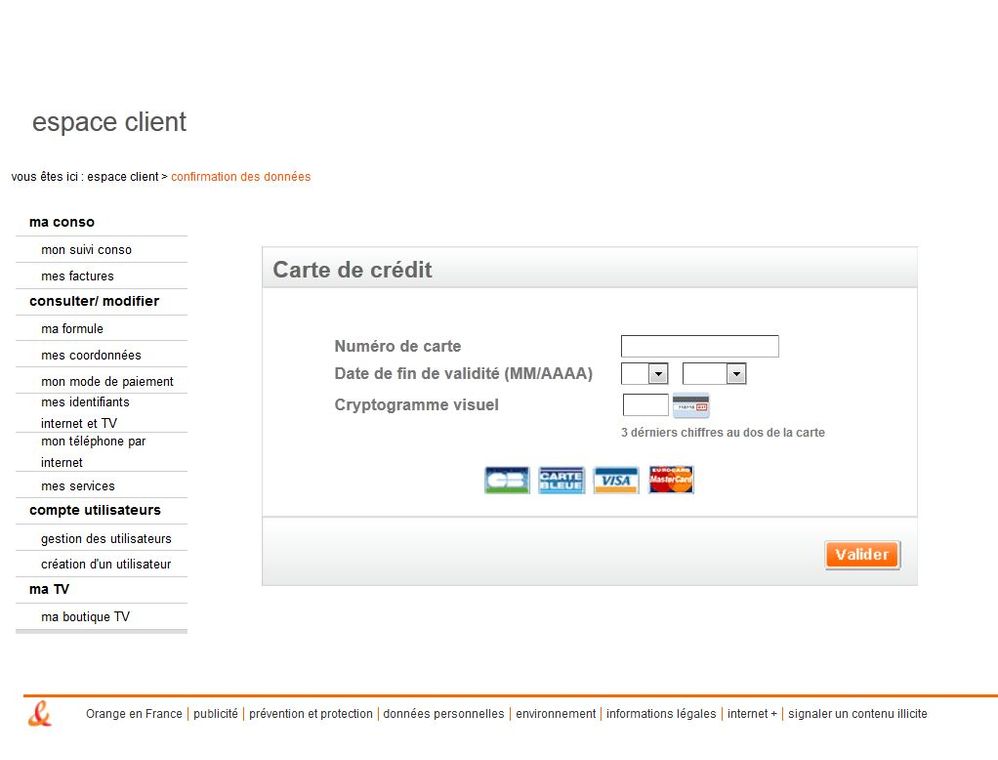 Page imitant une page Orange et demandant indument des données bancaires