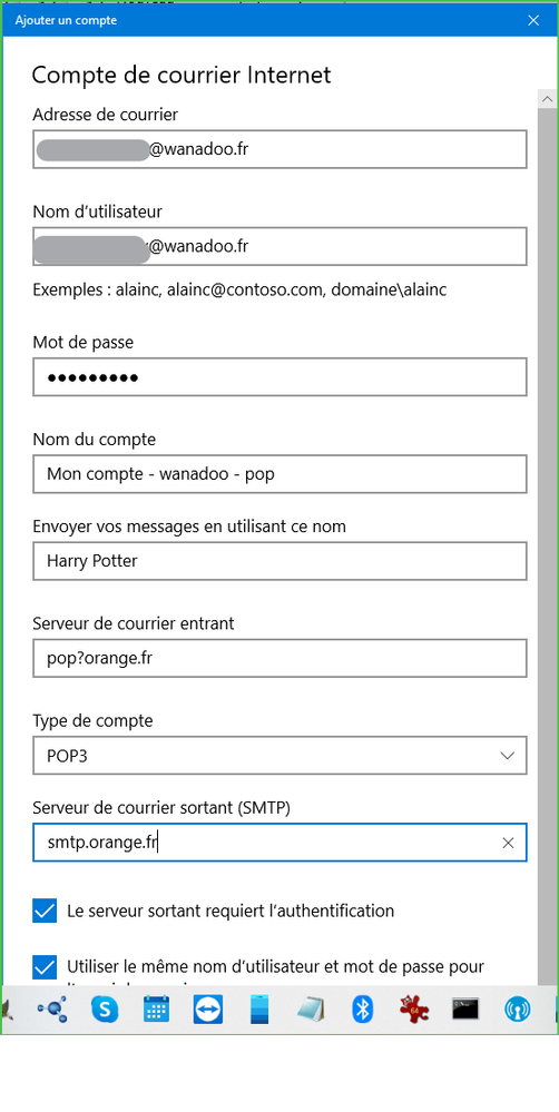 Paramétrage - haut de la fenêtre