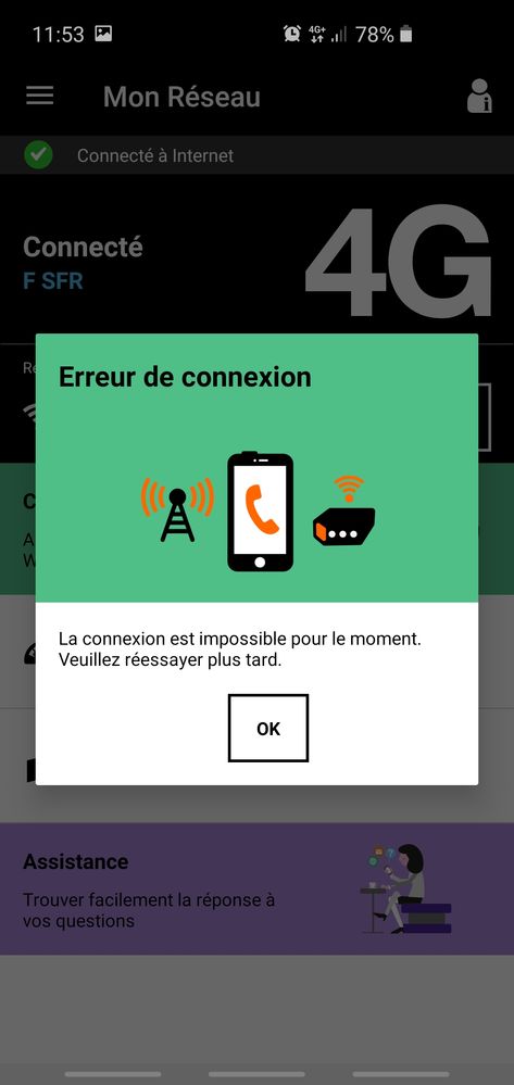 Message d'erreur dans l'application "Mon reseau"