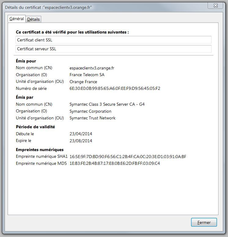 Certificat SSL pour Espace Client Orange