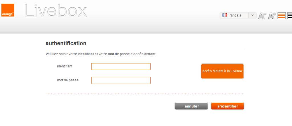 Page d'accueil de l'administration de la box à distance