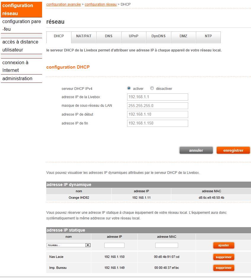 Livebox page DHCP