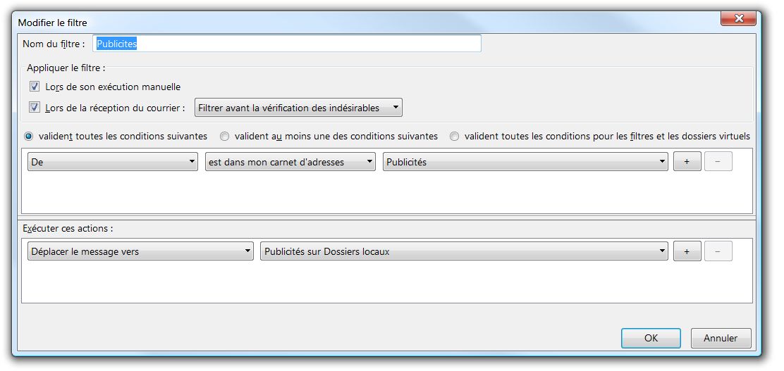 Filtrage de tous les mails issus d'émetteurs classés dans un carnet d'adresse