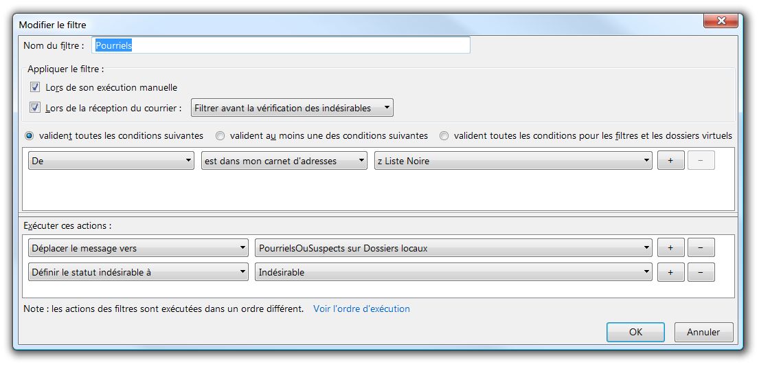 Filtrage avec deux actions pour les Pourriels
