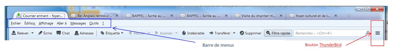 Thunderbird Barre de menus et Bouton Thunderbird