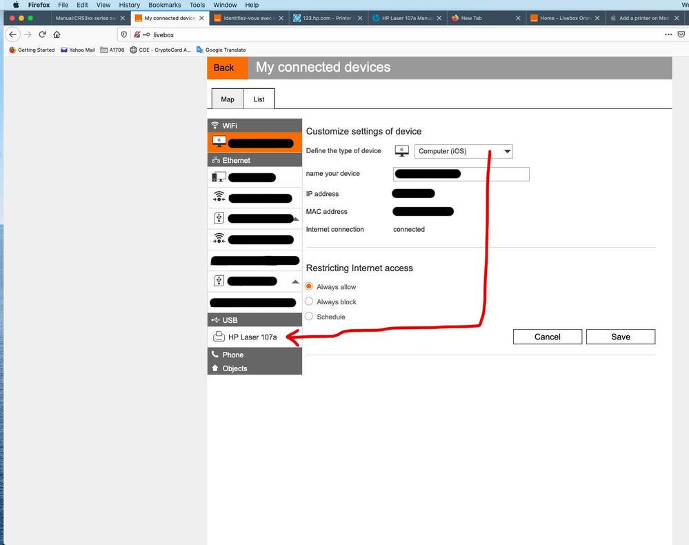 USB-printer on the Livebox5 connected to the USB