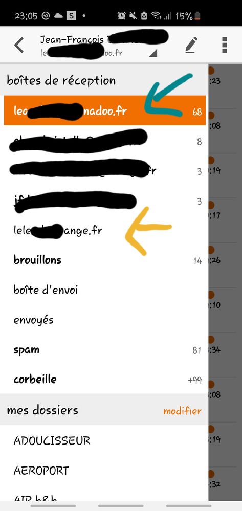La boîte mail principale est celle désignée par la flèche bleu/vert et ma boîte mail est celle de la flèche jaune