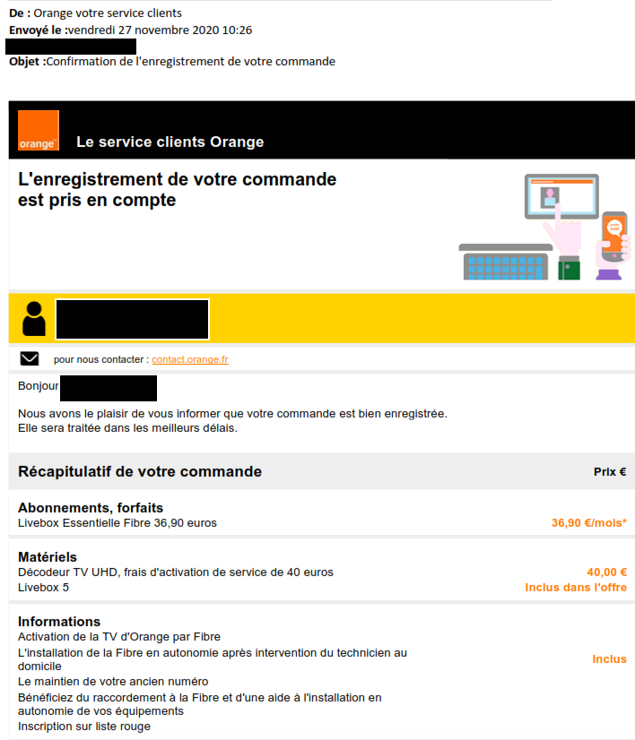 Commande Confirmée par Orange le 27/11/2020