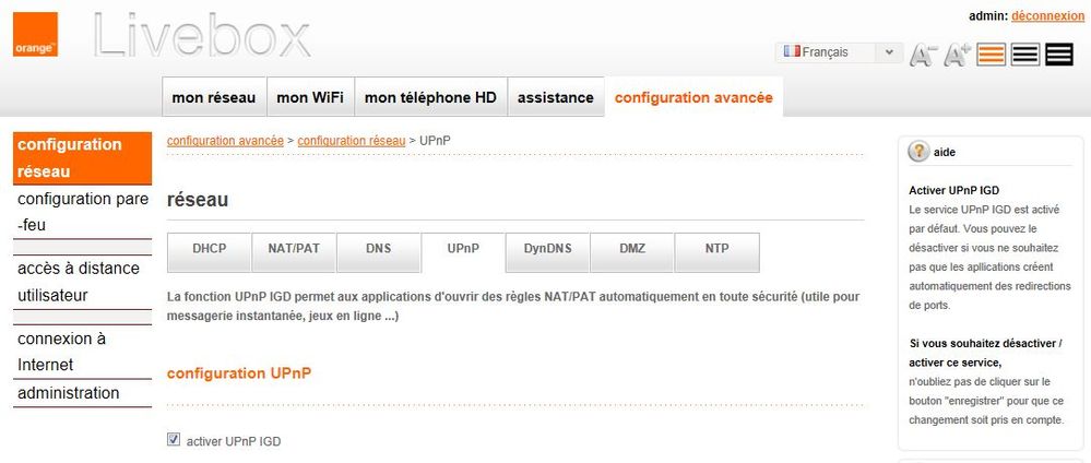 Livebox Play - UPnP activé