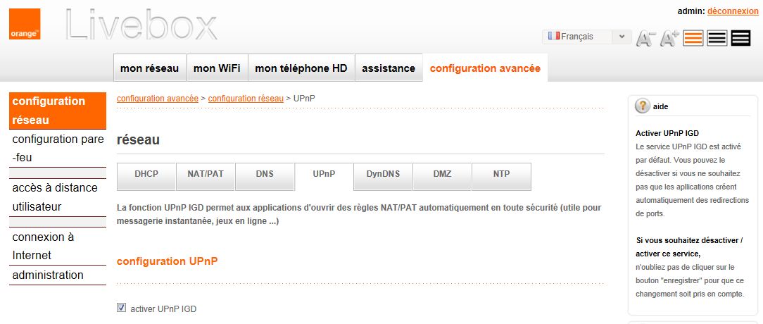 Livebox Play - UPnP activé
