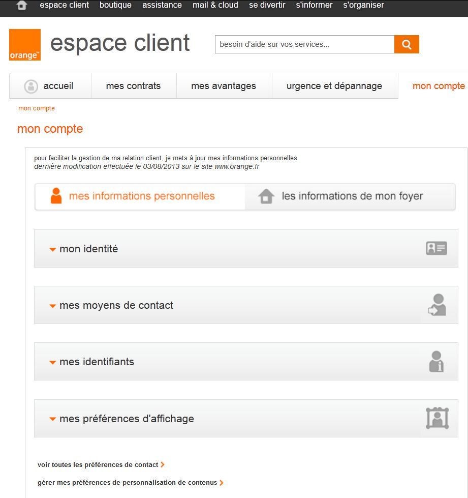 Page mon compte - Rubriques fermées