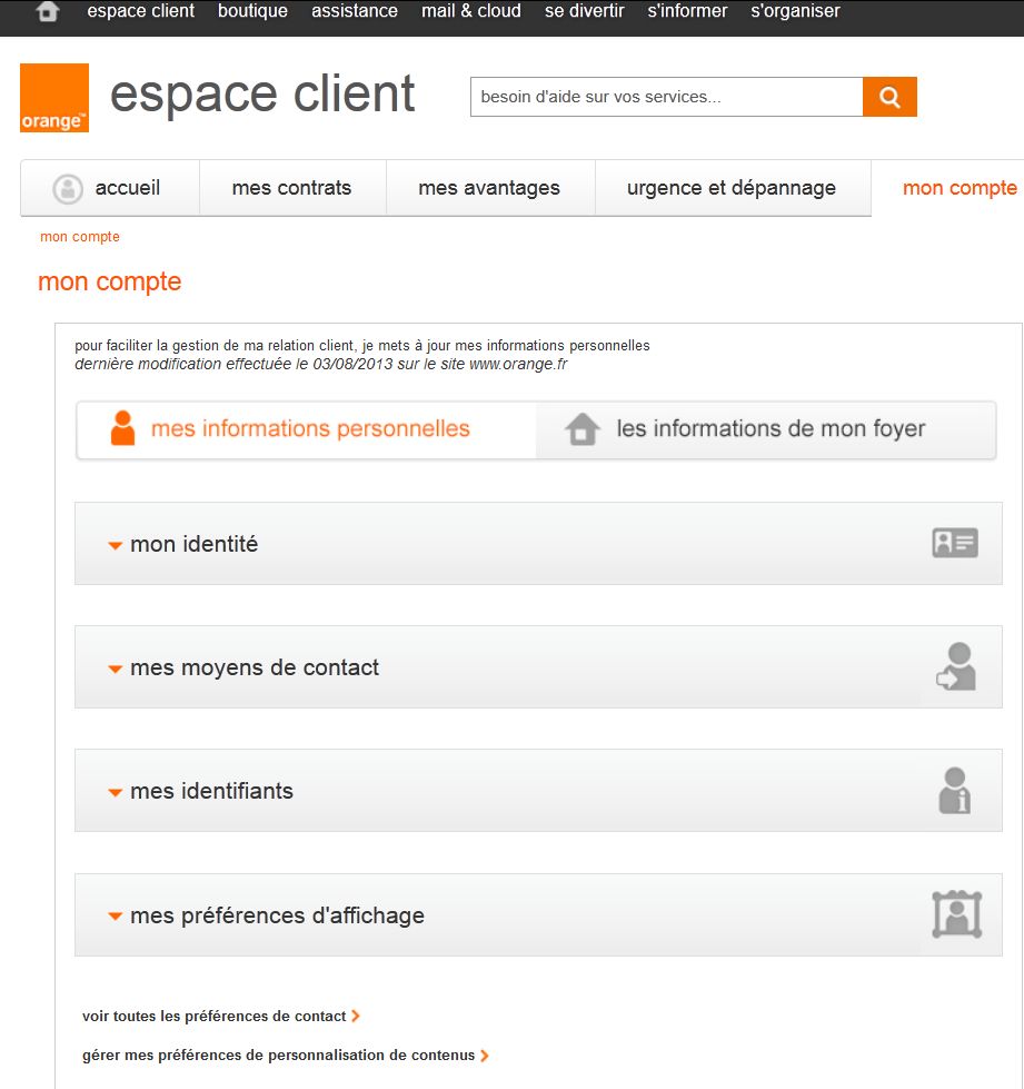 Page mon compte - Rubriques fermées