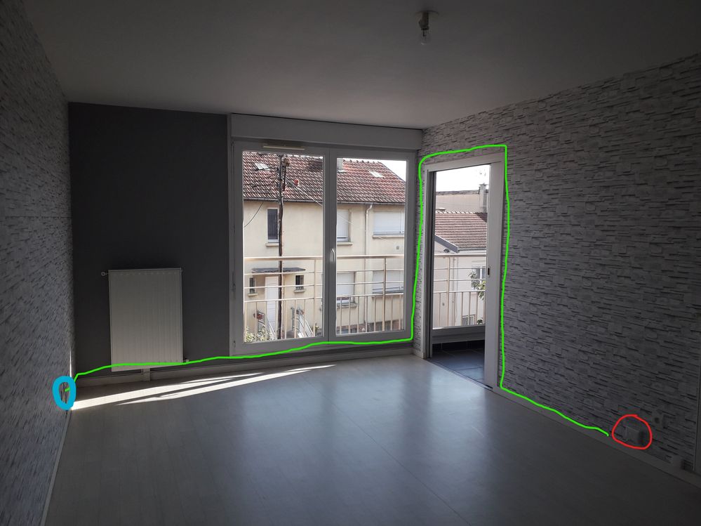 PTO en rouge - cable du PTO en vert - prise RJ45 en bleu