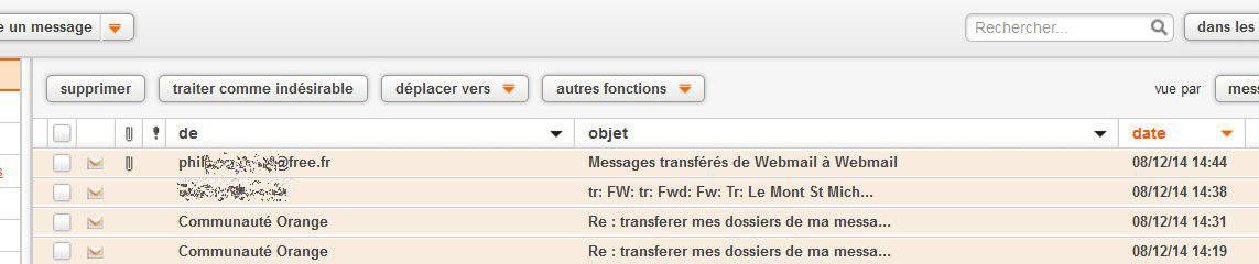 Messages transférés par paquet vers Orange
