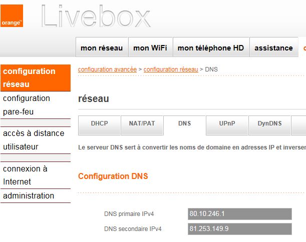 Livebox - adresses DNS