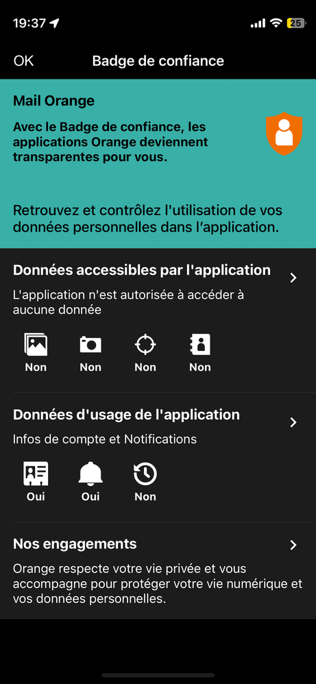 Badge de confiance dans orange mail iOS