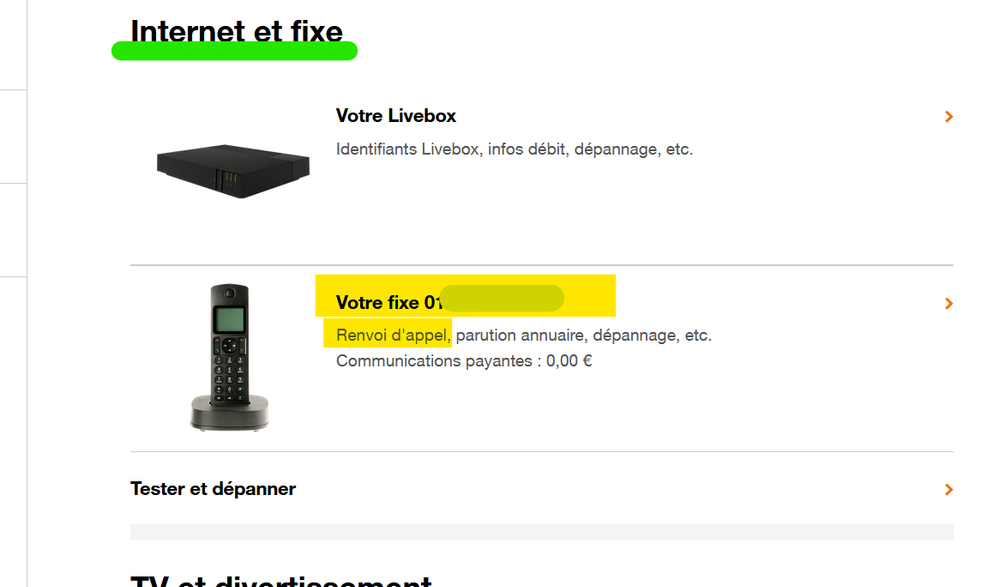 accès fenêtre pour notifier un renvoi d'appel Fixe... Communauté Orange