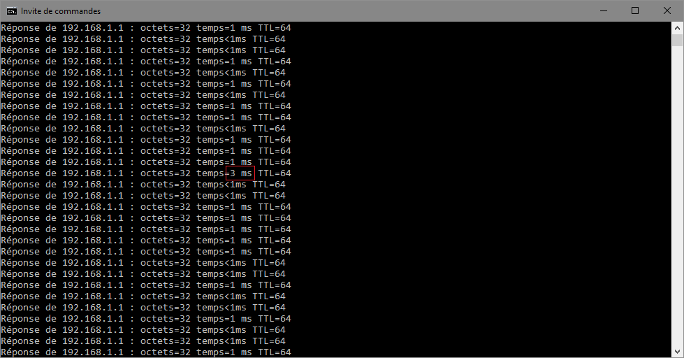 J'ai entouré en rouge par exemple le ping à 3ms de la livebox, et comme vous pouvez le voir sur le reste je suis a 1ms et pas tout le temps a <1ms